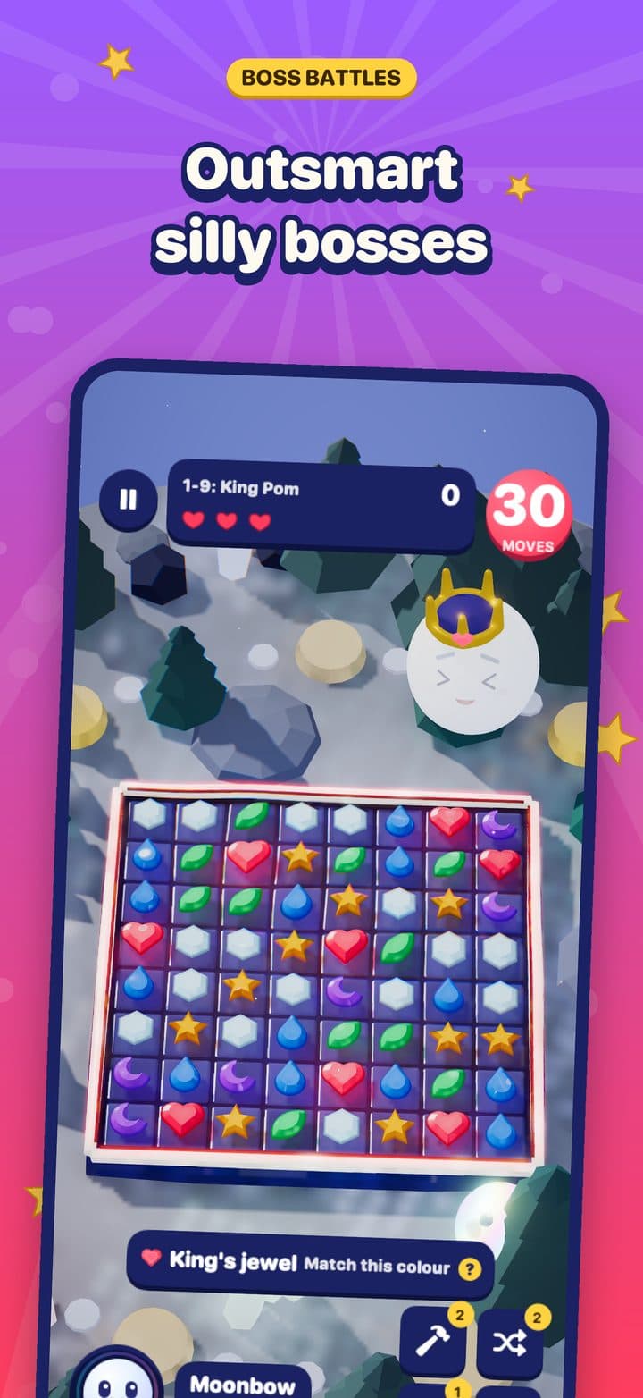 The boss fight against King Pom, a snowball in a crown, beside the tray of Boreal
