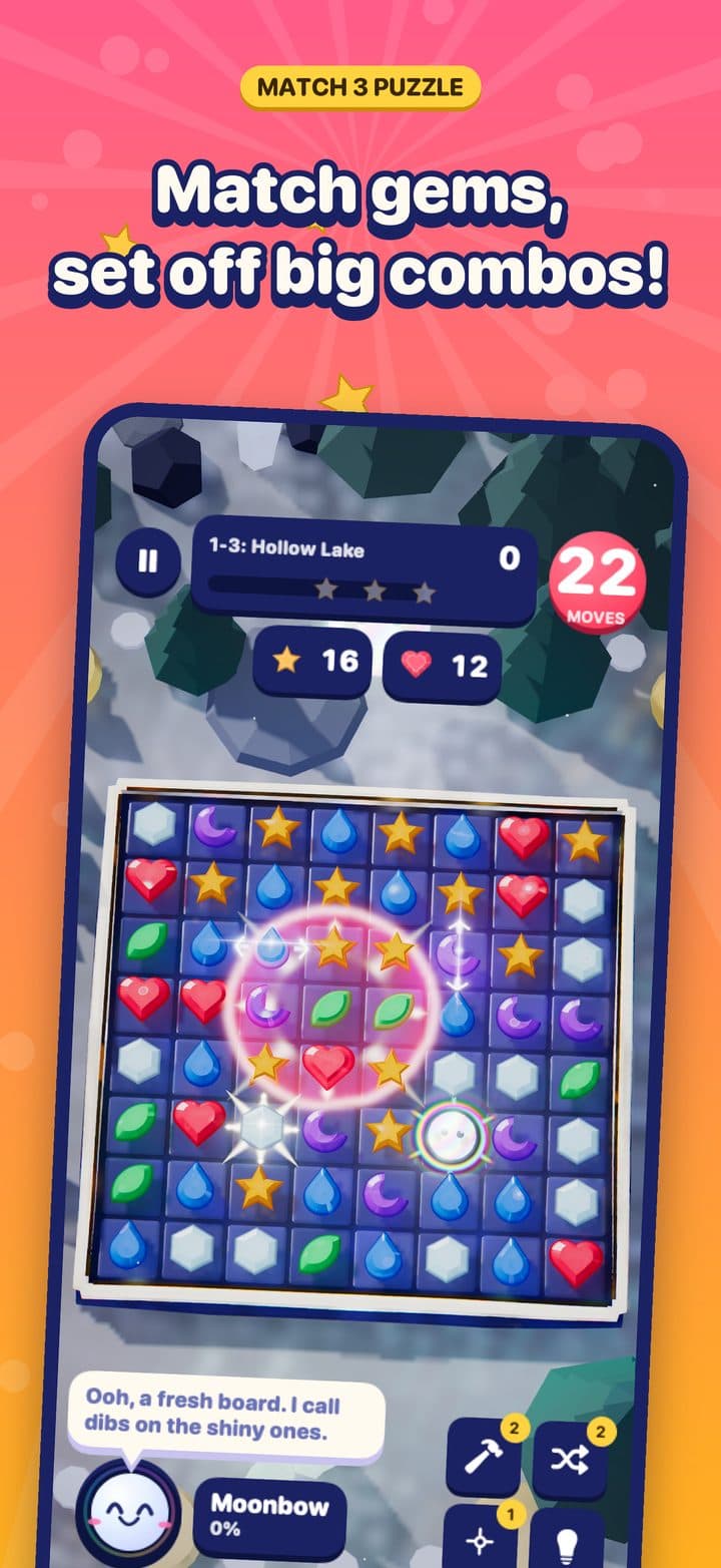 A board of hearts, stars, drops and leaves on Boreal mid-cascade, with the Prism watching from its corner