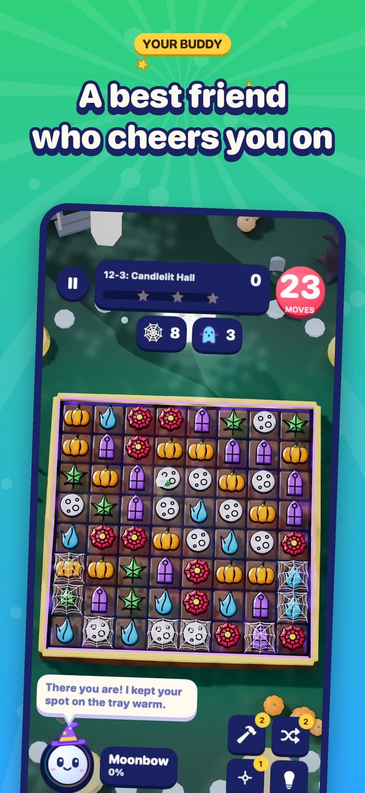 A stage in Wispwood Manor, with the Prism in a hat greeting the player from its bubble