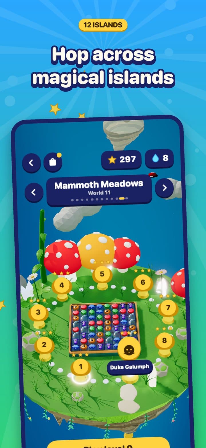 The map of Mammoth Meadows: nine golden pedestals round the tray, giant toadstools and Duke Galumph's stage