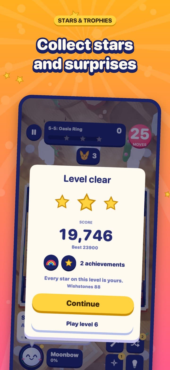 The level clear card on Sunsand Dunes with three stars, a score of 19,746 and two achievements