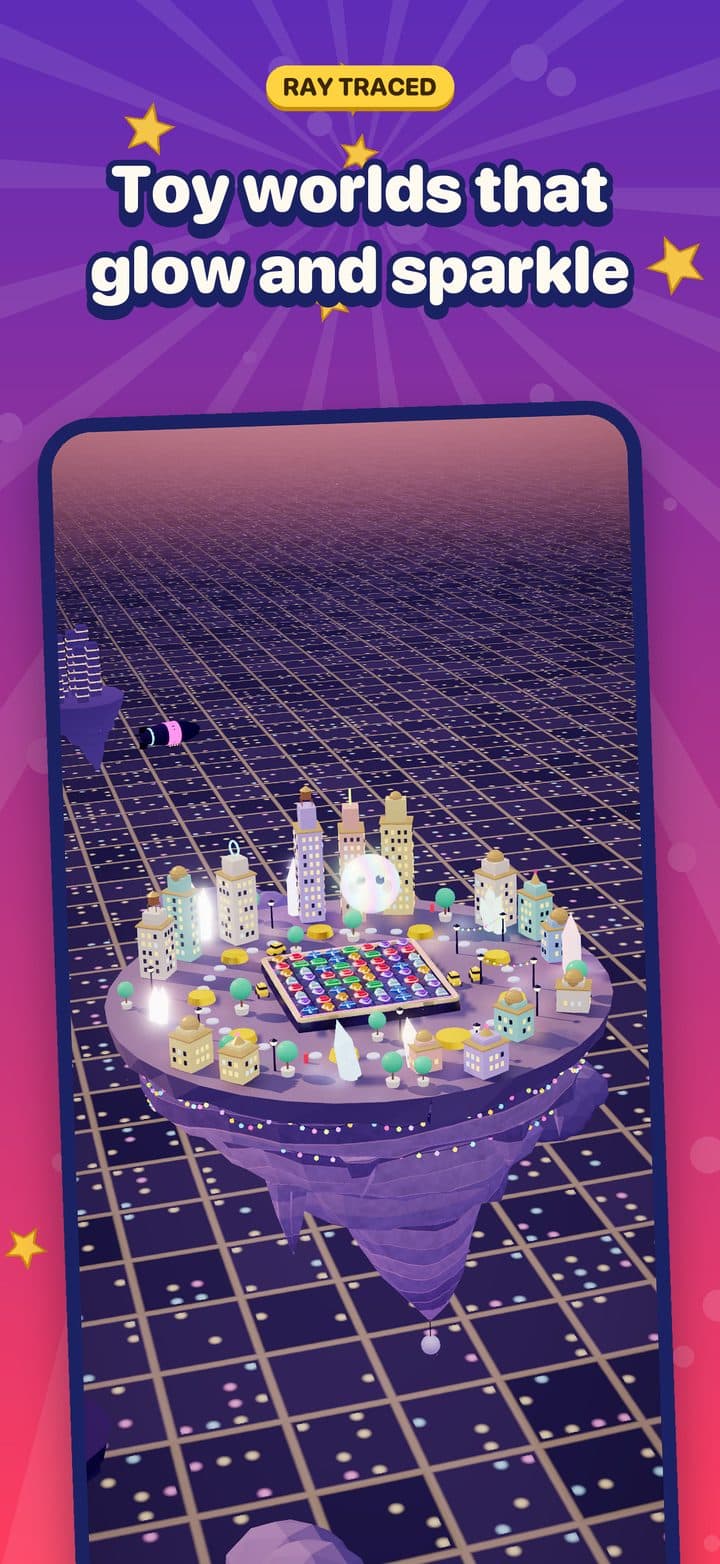 Neon Heights, a toy city at blue hour, floating over a glowing grid
