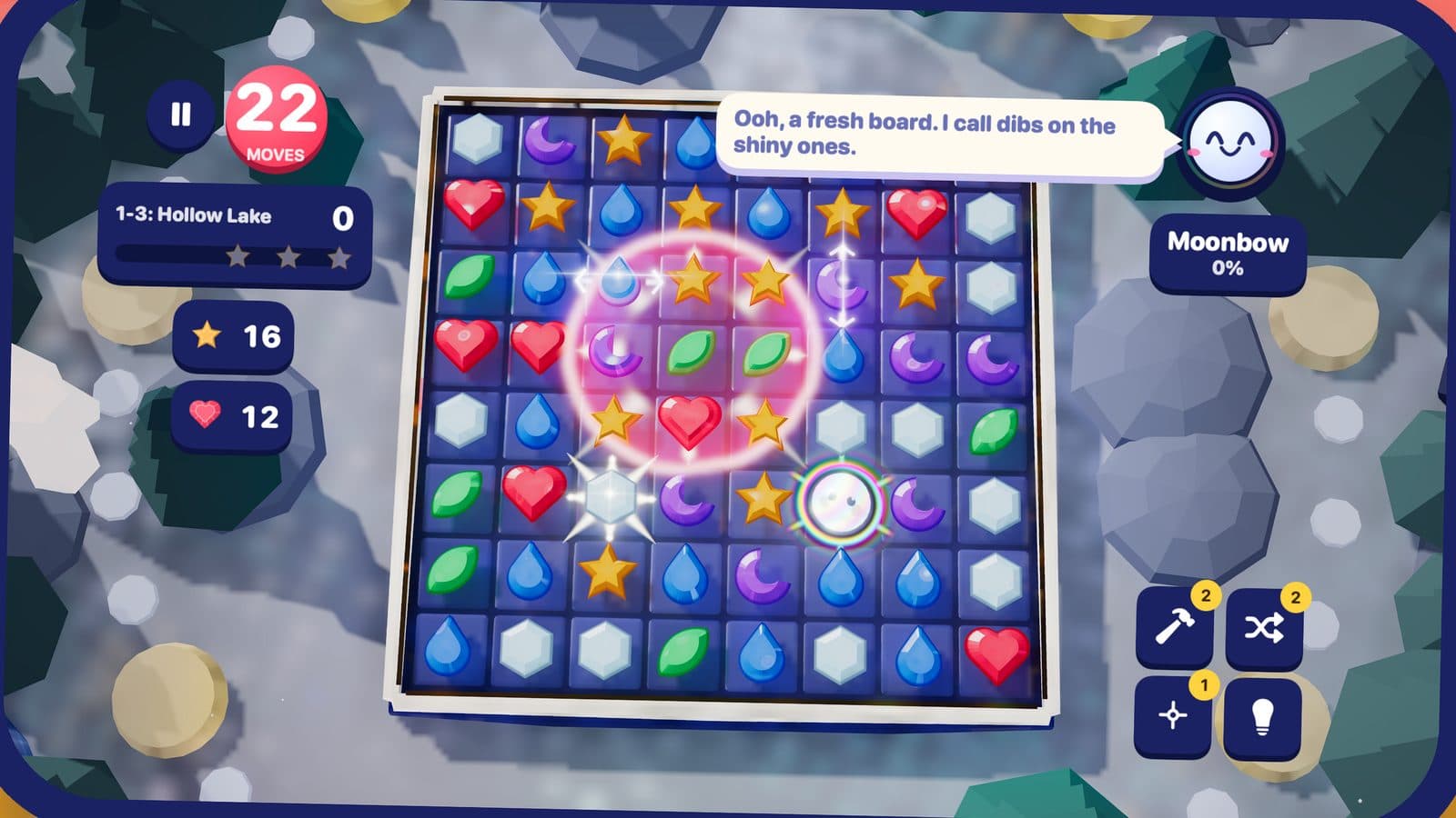 A board of hearts, stars, drops and leaves on Boreal mid-cascade, with the Prism watching from its corner