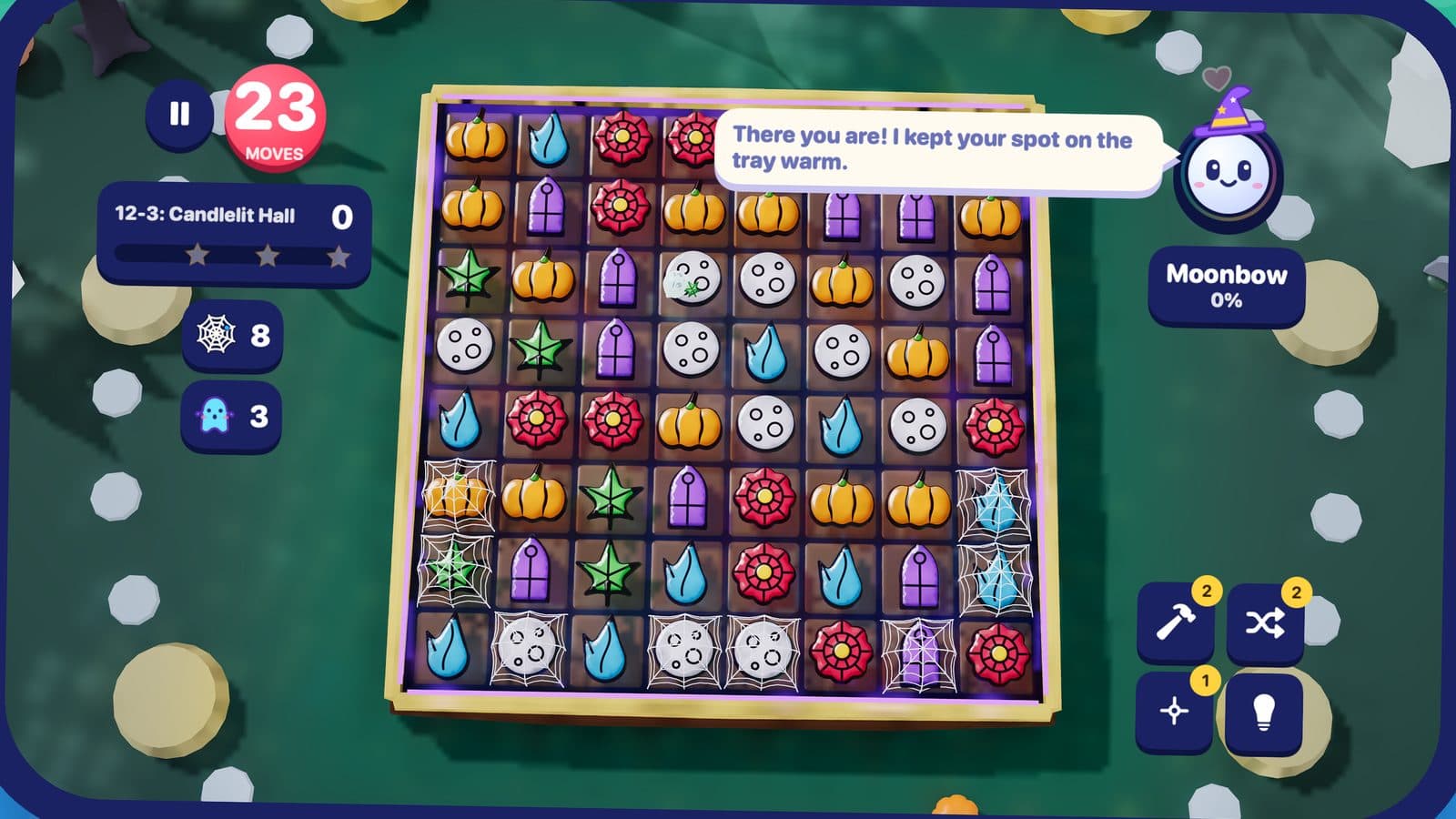 A stage in Wispwood Manor, with the Prism in a hat greeting the player from its bubble