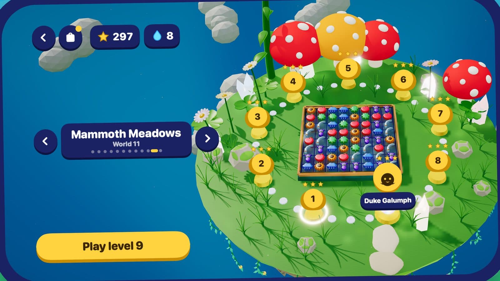 The map of Mammoth Meadows: nine golden pedestals round the tray, giant toadstools and Duke Galumph's stage