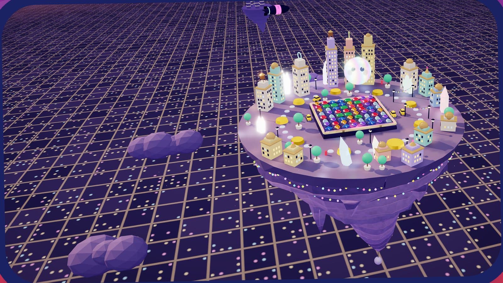 Neon Heights, a toy city at blue hour, floating over a glowing grid